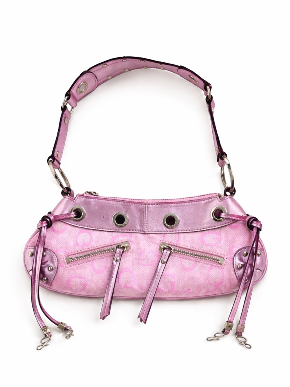 GUESS Super Mini Metallic Pink Jacquard G Monogram Grommet Bag